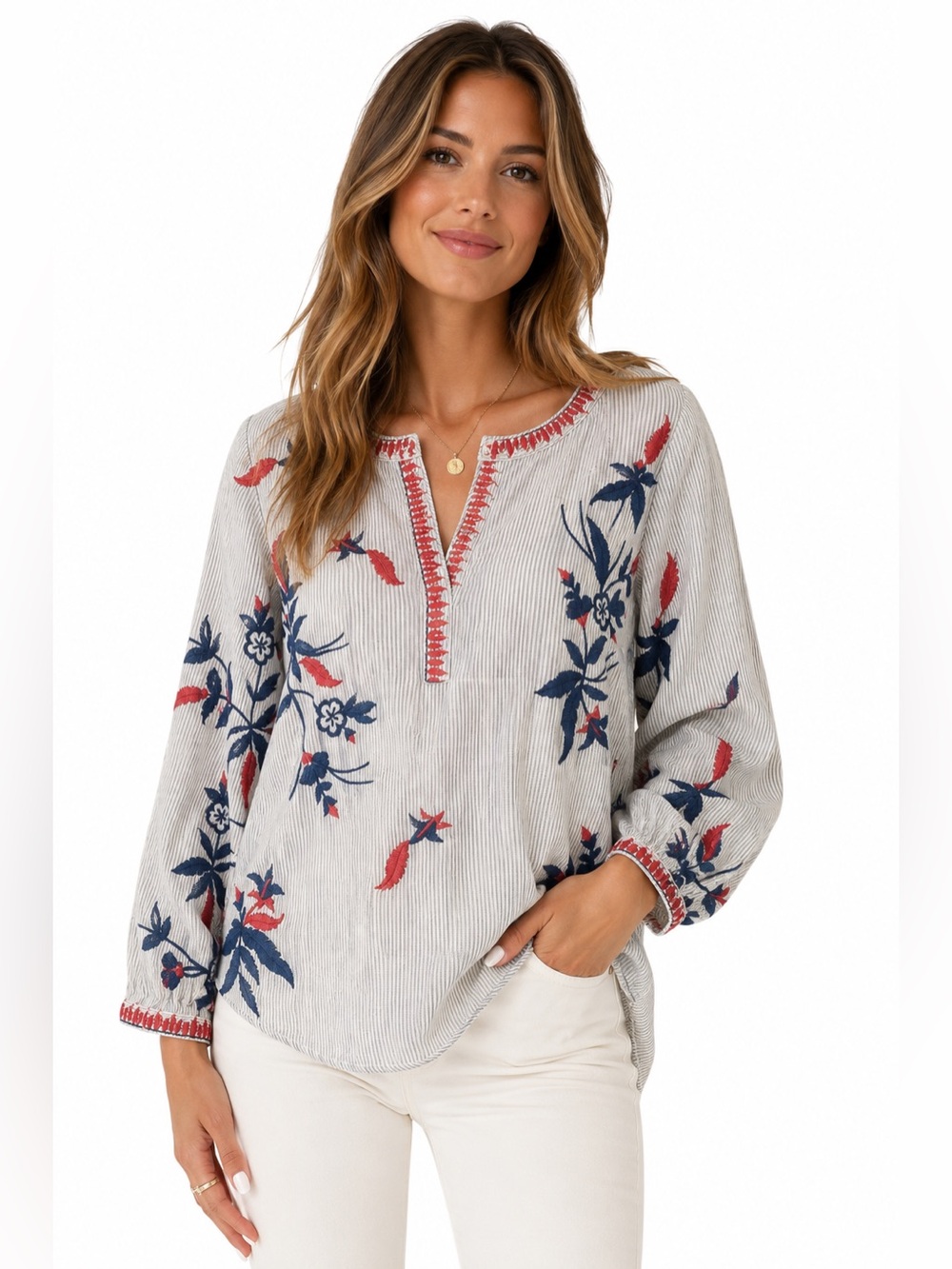 True Luxe Jeans Red, White & Blue Lots Of Floral Embroidery Tunic Striped Size S